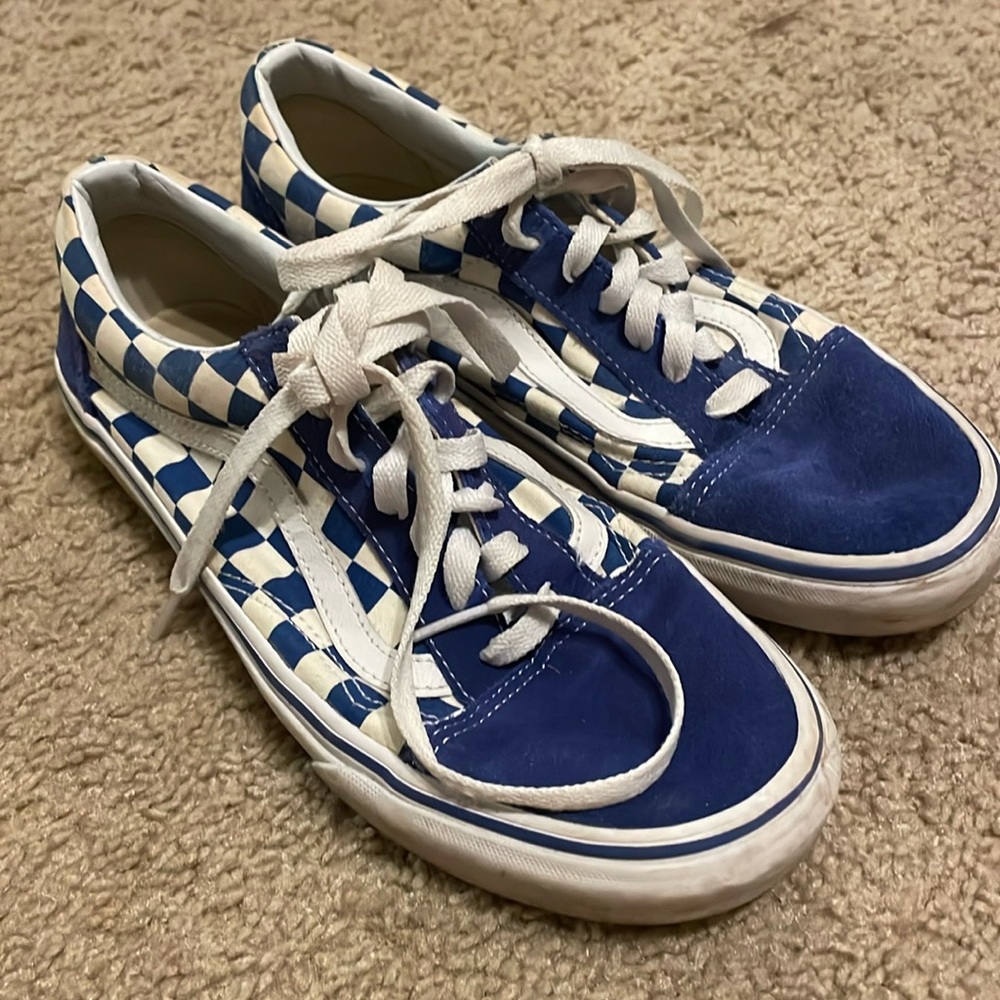Vans 721278 men’s 6 women 7.5 low top blue checkered, suede skate shoes